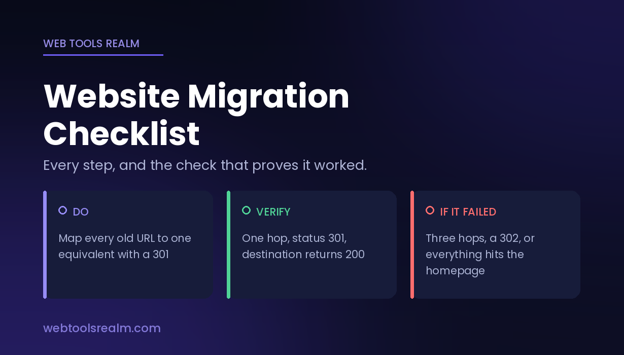 Website Migration Checklist — Every Step With the Check That Proves It